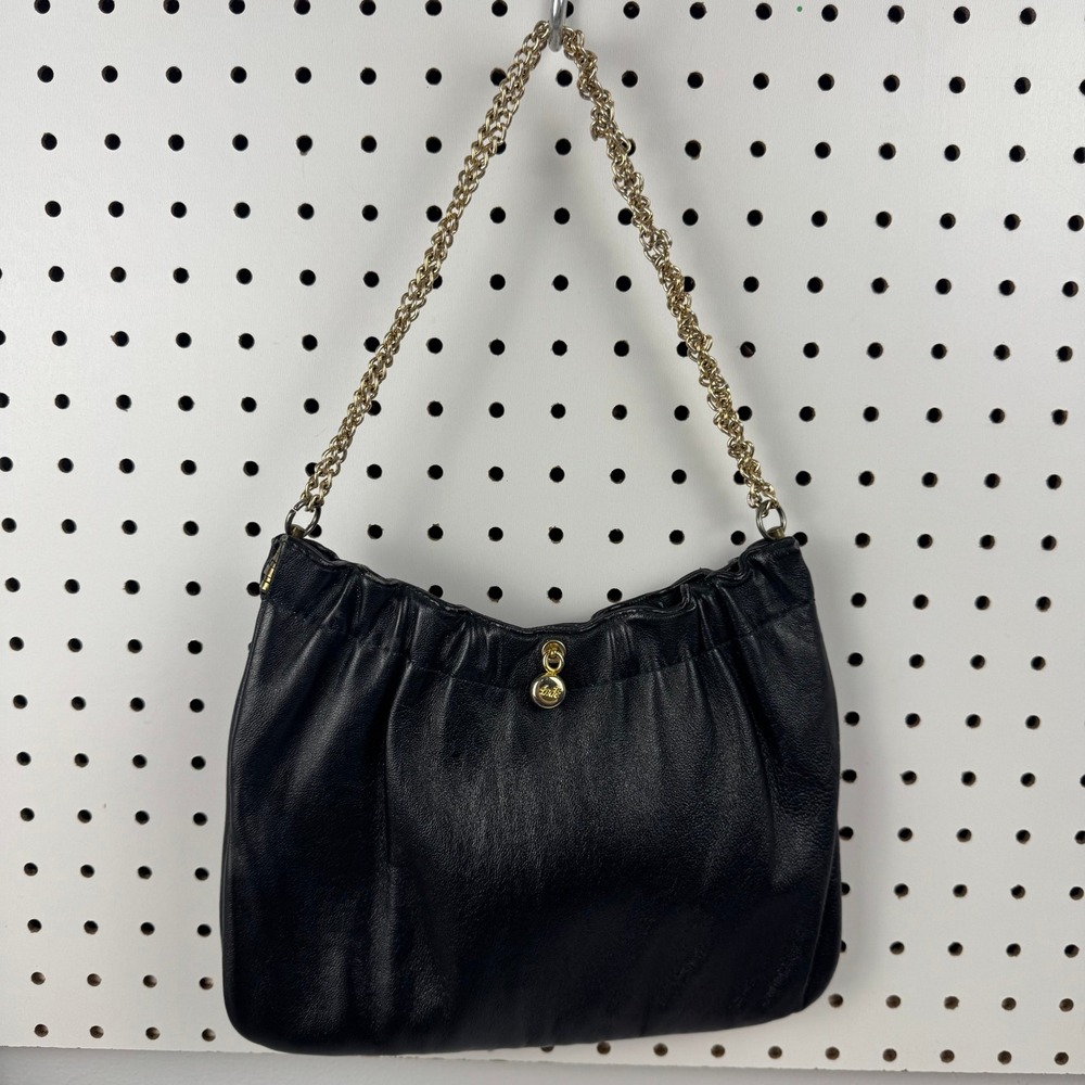 Ande Vintage Black Leather Evening Bag Gold Chain Strap Gathered Clutch Purse